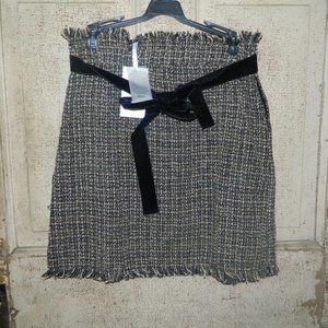 Grace Karin Black Tan White Tweed Mini Pencil Business Skirt with Tassel (M-20)